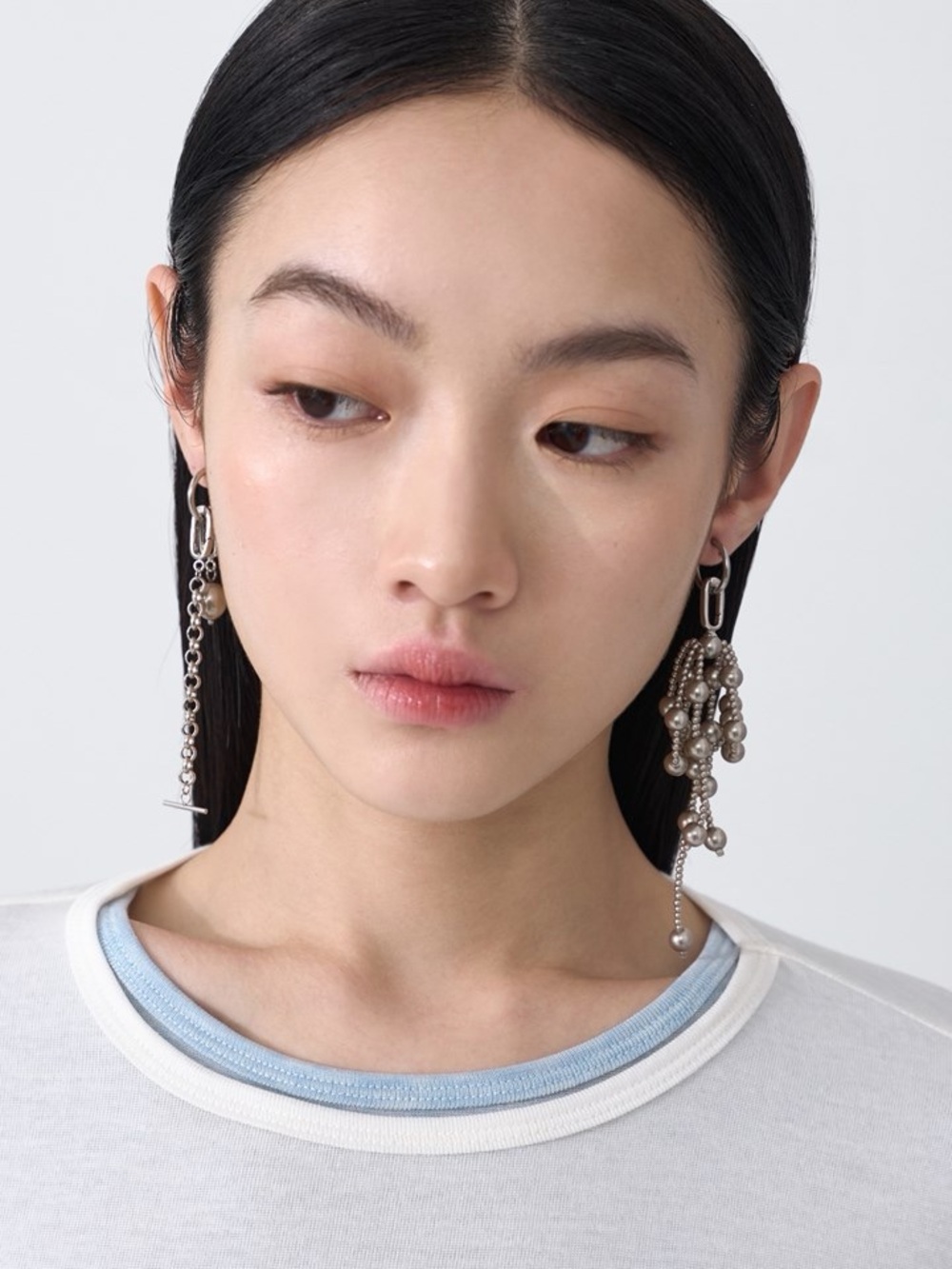 Silver Pearl Cluster Long Drop Earrings (clip -on)